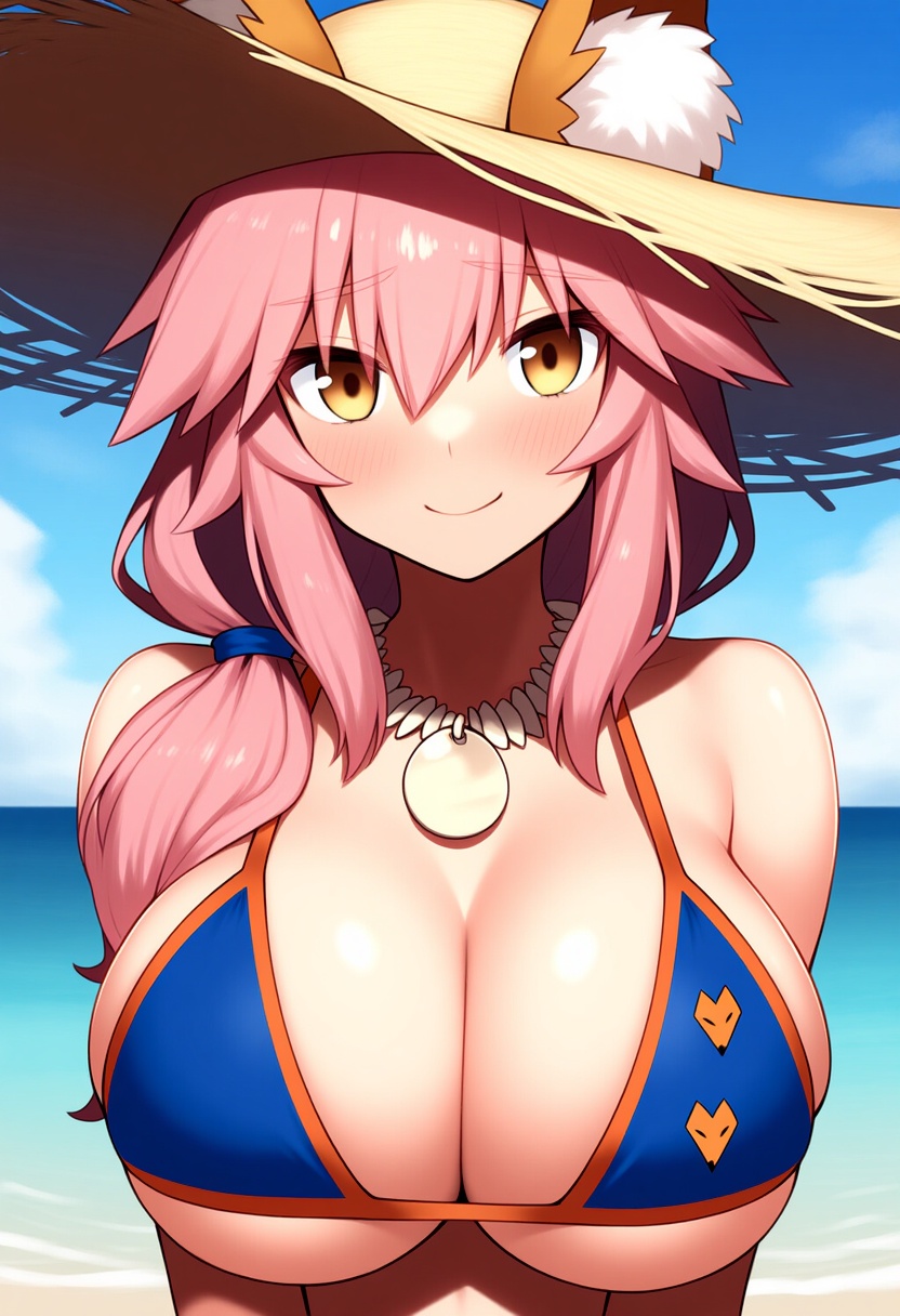 An image depicting tamamo no mae (swimsuit lancer) (second ascension) (fate)